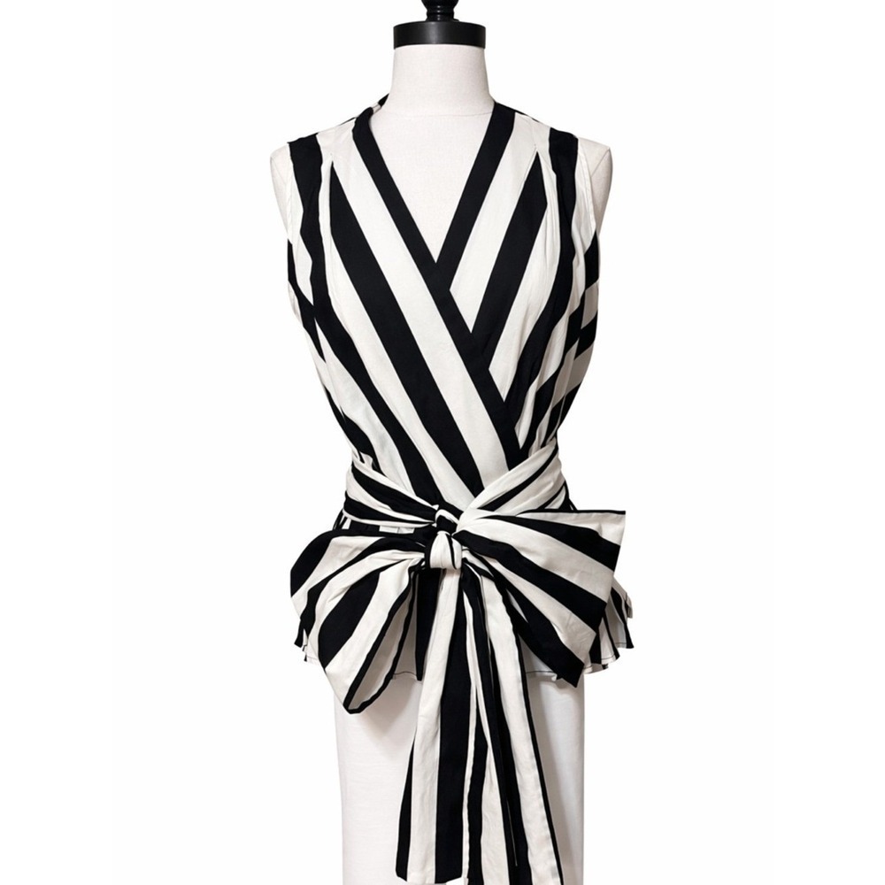 MARELLA Striped Sleeveless Wrap Top Women 10 Black White Peplum Bow Blouse